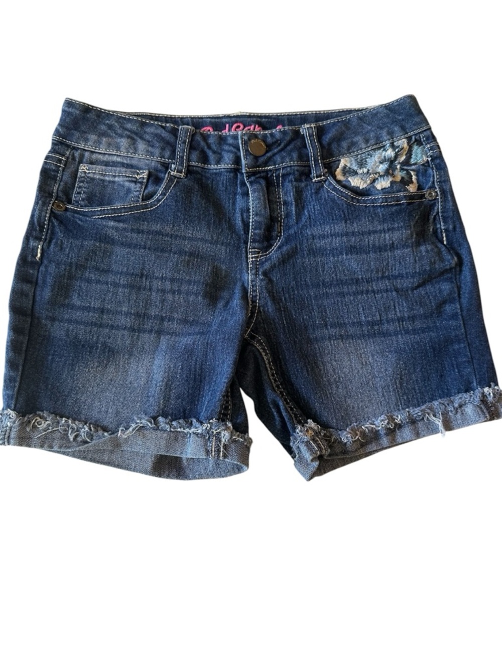 Red Camel Girls Floral Embroidered Denim Shorts Size 12 Adjustable Waistband